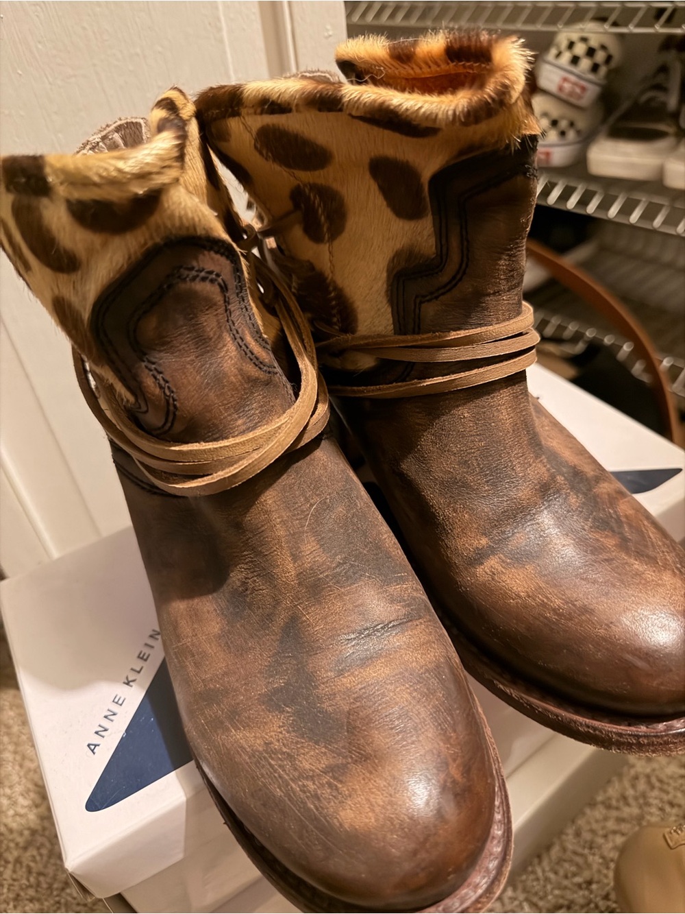 Free bird Brown Leather Ankle Boots with Leopard Print Cuff